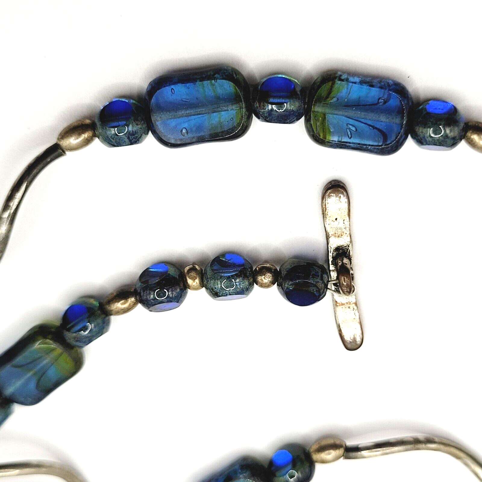 Vintage Blue Green Translucent Art Glass Necklace Wavy Silver Tone Alloy 18 in