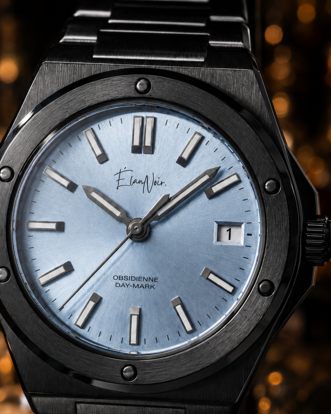 Custom Élan Noir Day-Mark Auto NH35 Watch Light Blue Dial Sapphire Steel 41mm