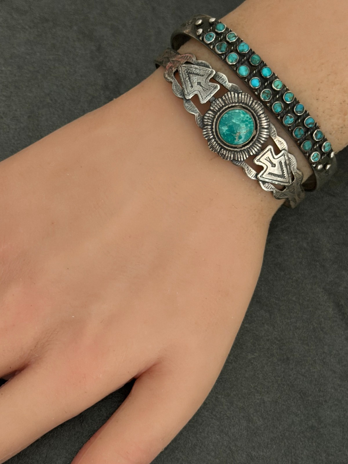 Vintage FRED HARVEY era Navajo ARROW HEAD Turquoise Sterling Bracelet 6.75in