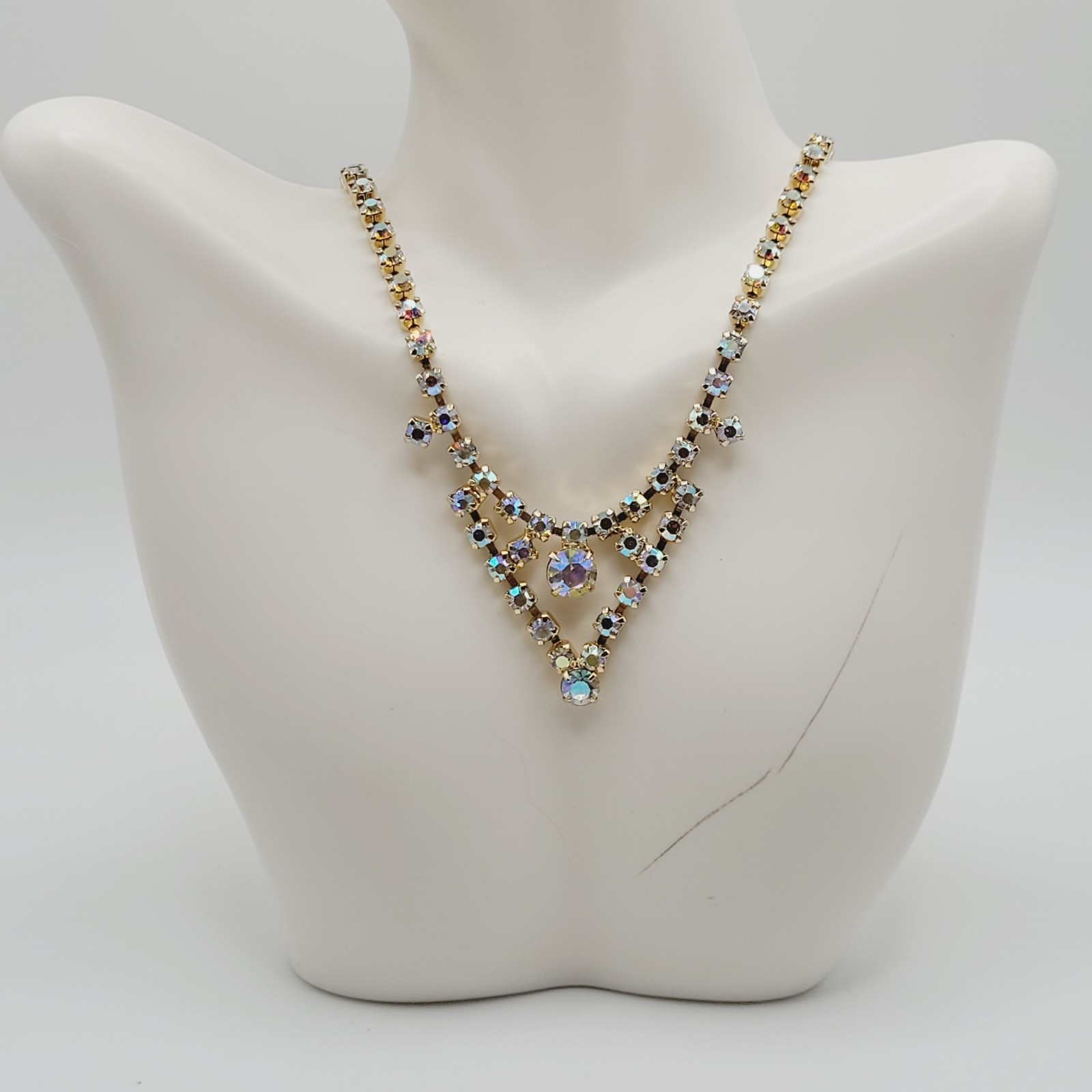 Swag or V Style Drop Choker AB Rhinestone Necklace Gold Tone Vintage 15 inch