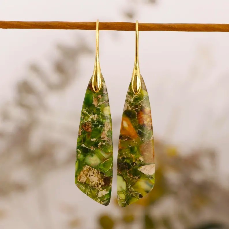 Rainbow Sea Sediment Jasper Women Healing Reiki Dangle Slab Boho Earrings Gifts