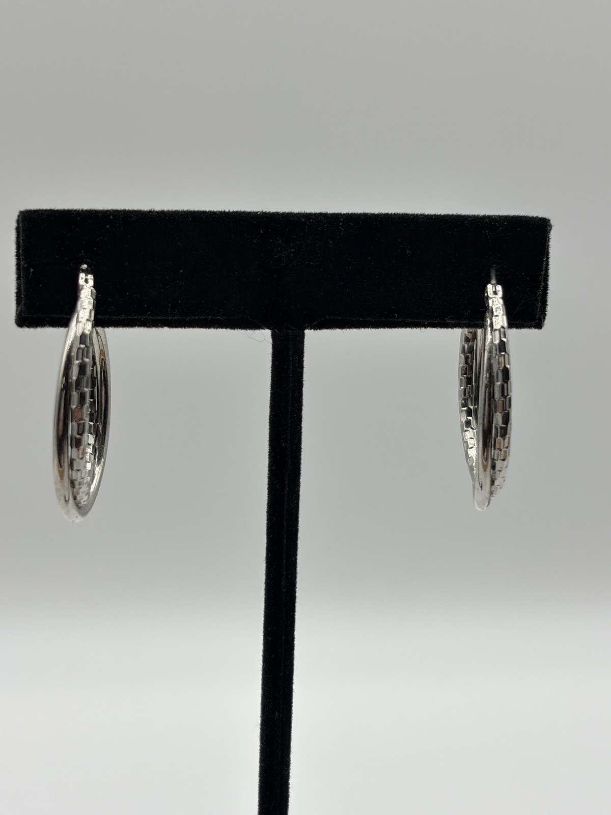 Silver Tone Double Hoop Earrings Women Medium Textured Diamond-Cut Latch Back