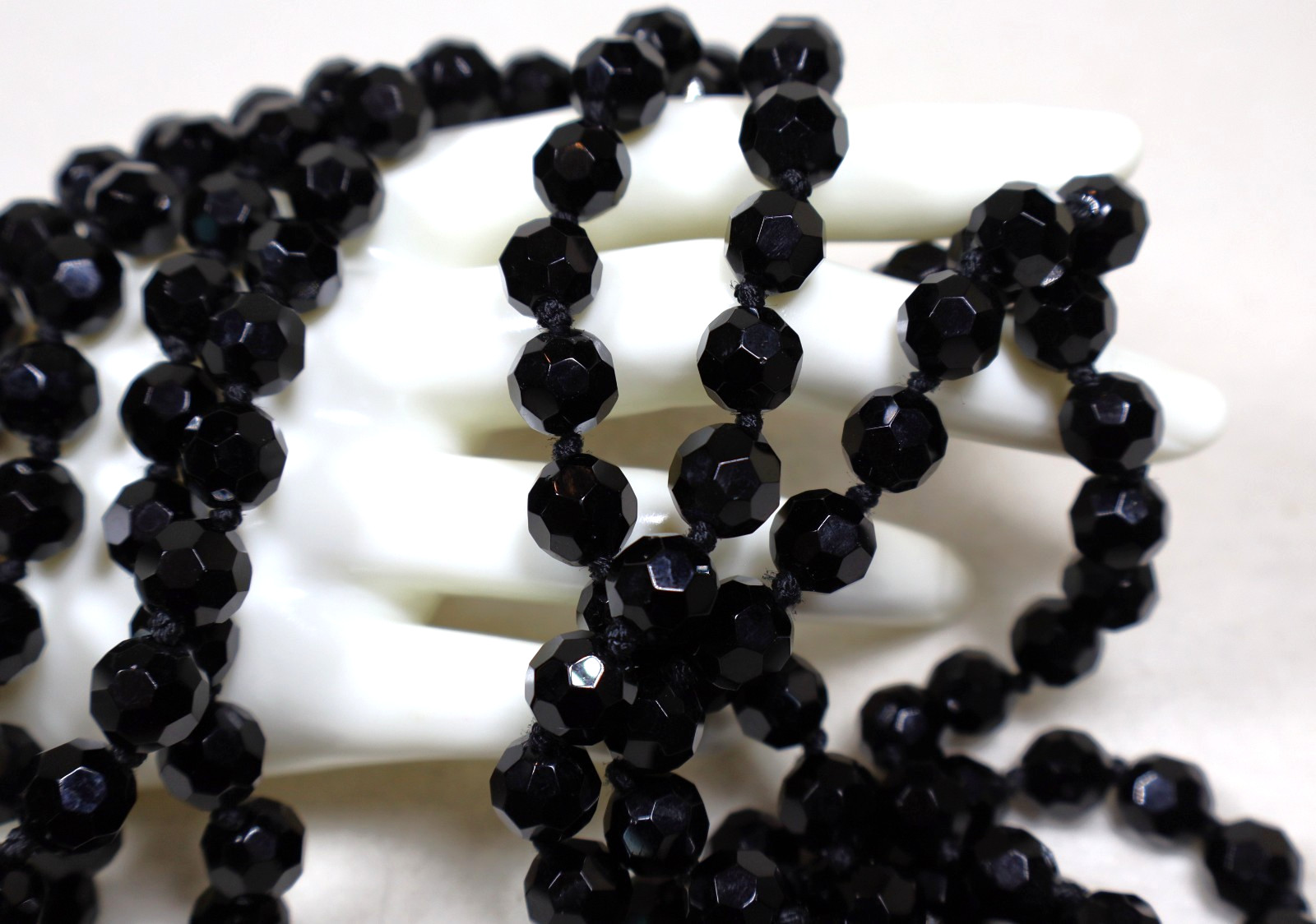 Vintage Art Deco French Jet Necklace 74″ Inch Length Faceted Black Beads