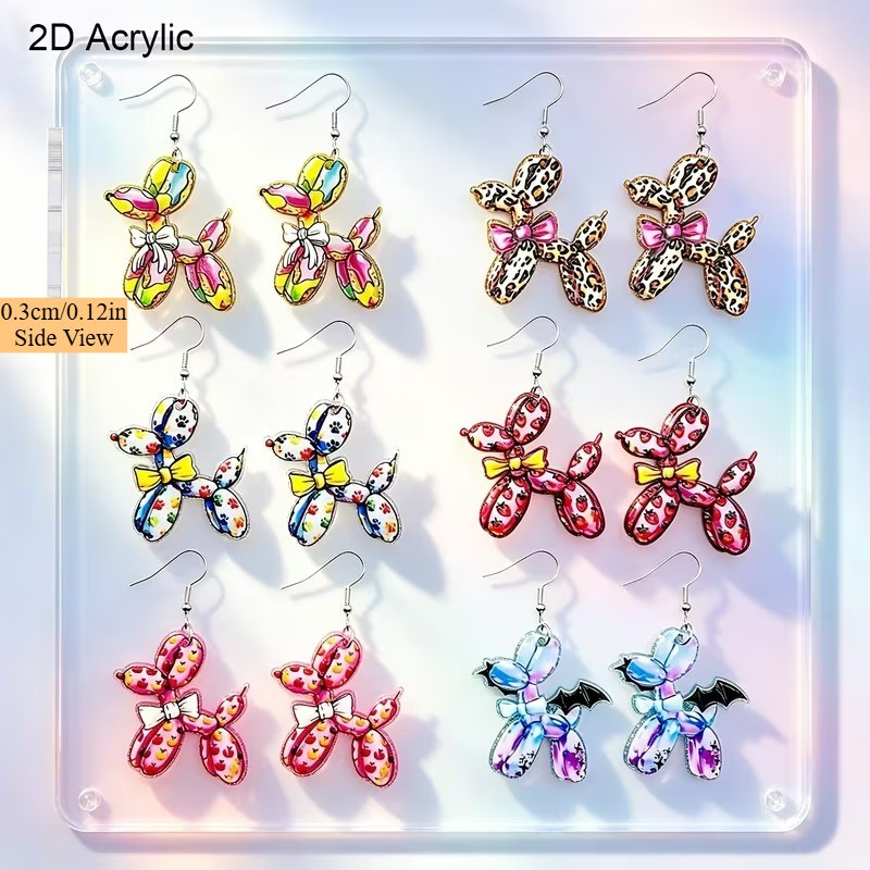 6 Pairs of Acrylic Colorful Printed Balloon Dog-shaped Bow Pendant Earrings