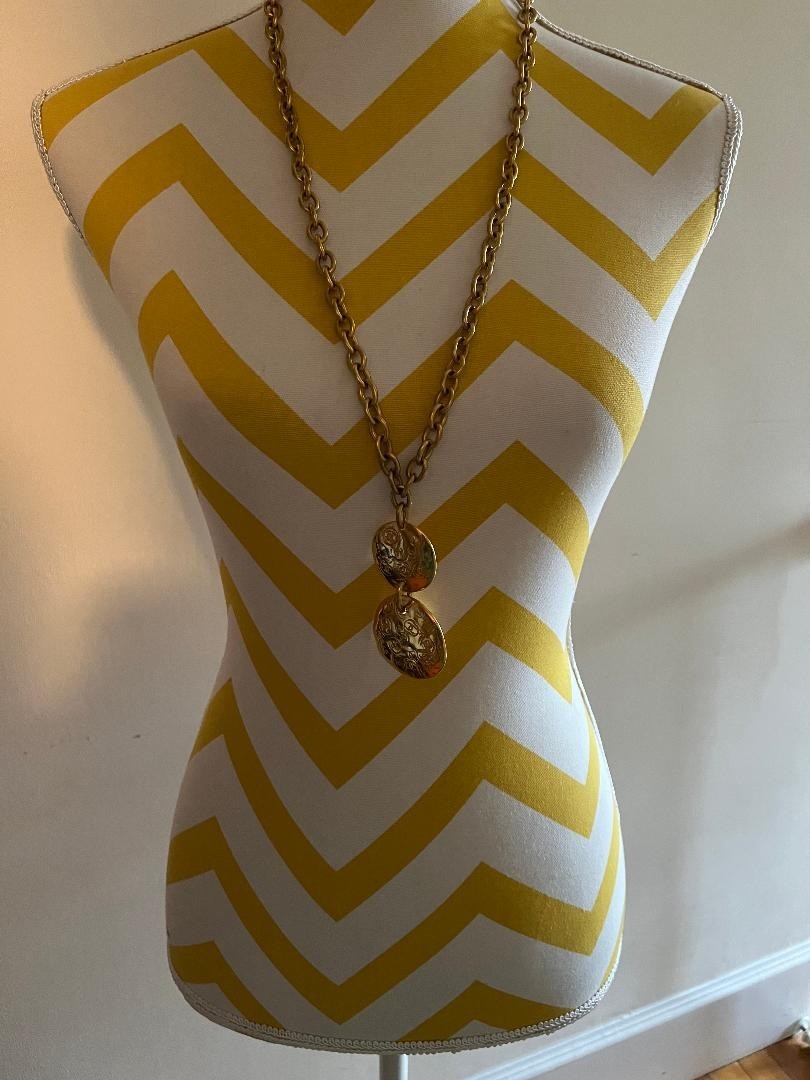 CHANEL 93P Signed Vintage Gold Logo Double Disk Necklace Made in France