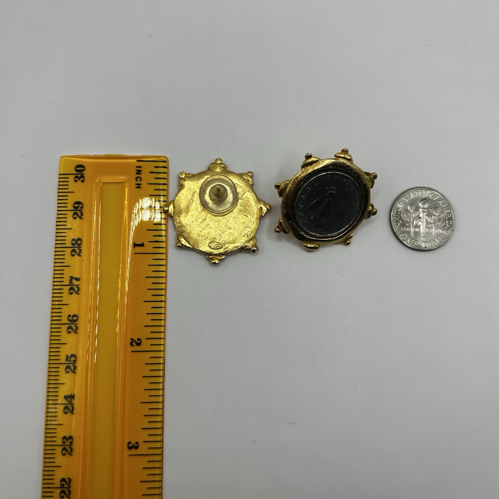 SUSAN SHAW Italian Bee Coin Gold Tone Post Earrings Handmade USA