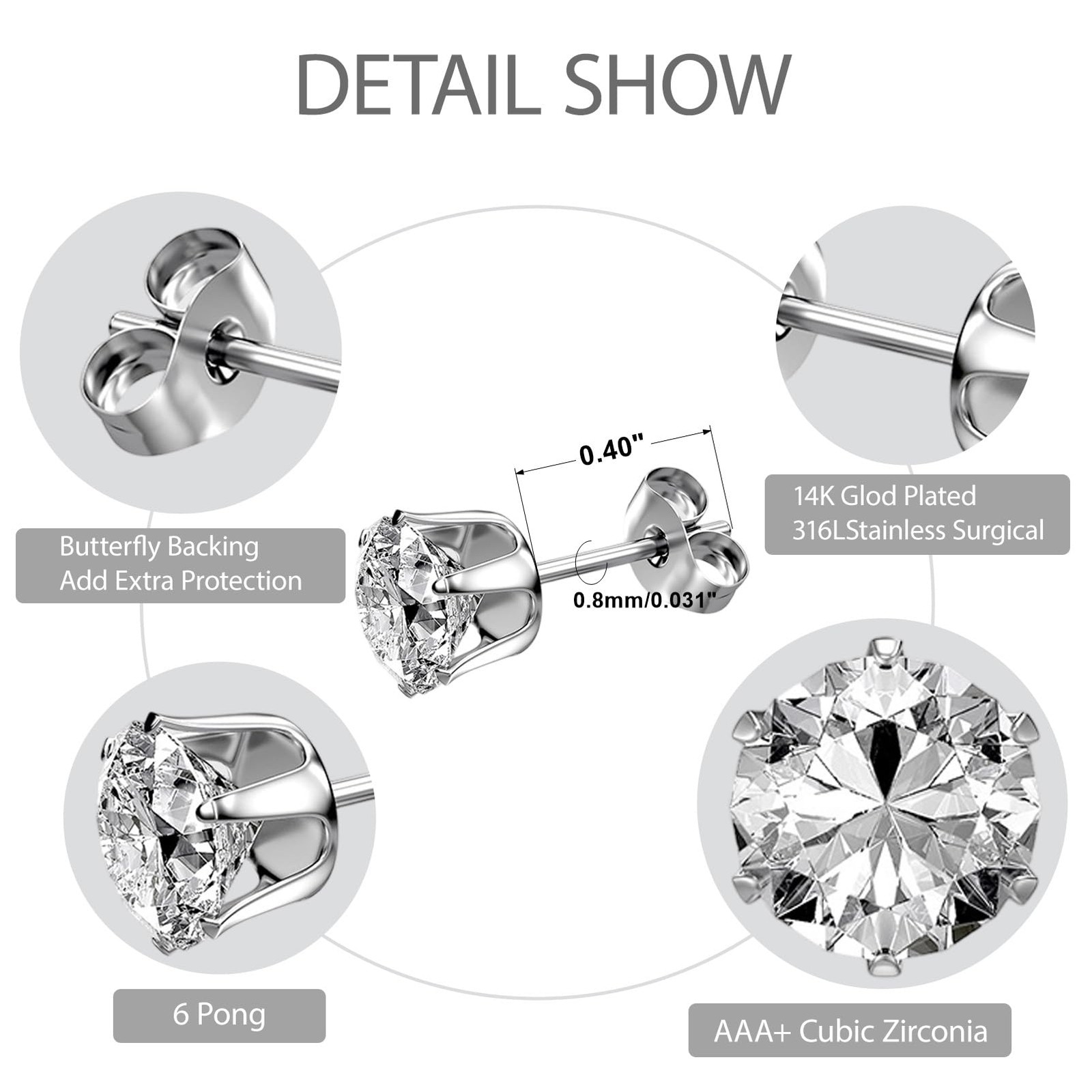 6 Pairs Stainless Steel Stud Earrings Set, 3-8mm 3mm to 8mm, Silver-6Pairs
