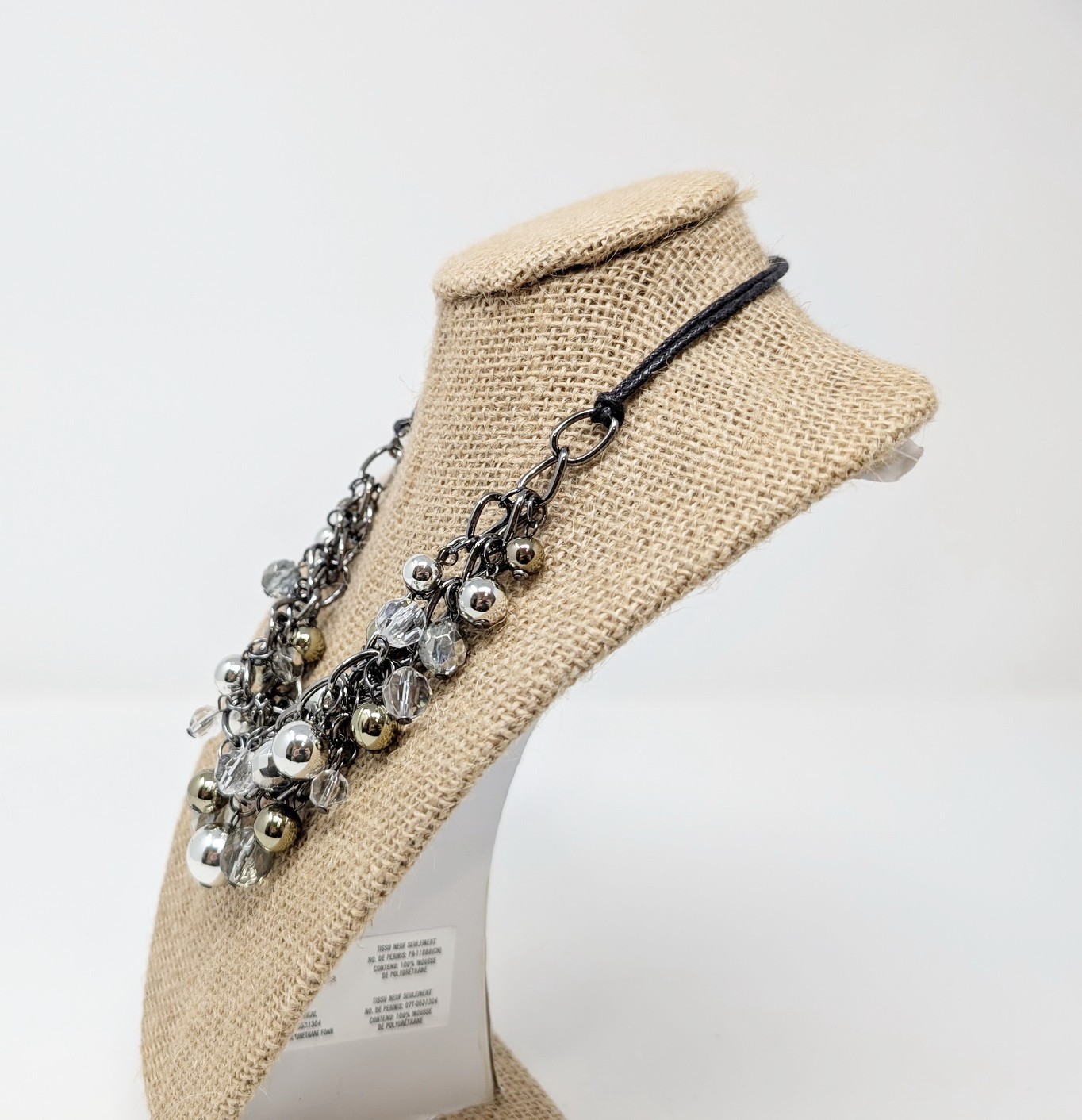 Silver Tone Necklace Beaded Statement Multi-Strand Chunky Cluster Black Cord