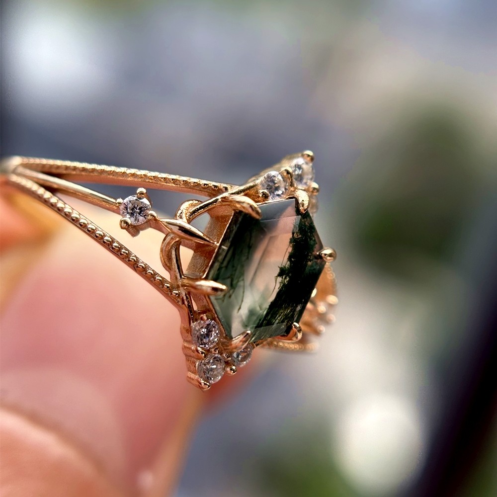 vtg Hexagon Kite Natural Moss Agate 925 Sterling Silver, Rose Gold Plated ring