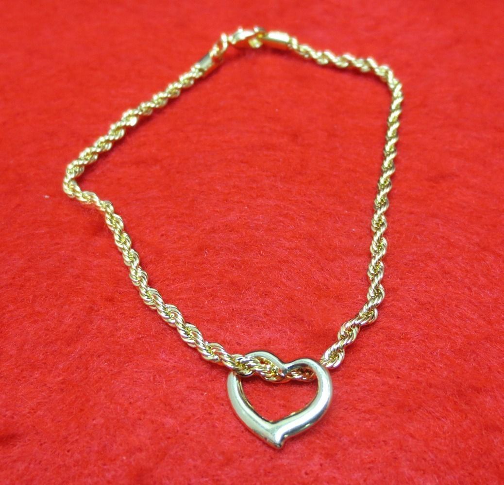 9 1/2 INCH 14KT GOLD EP 3MM FRENCH ROPE CHAIN ANKLET WITH THIN FLOATING HEART