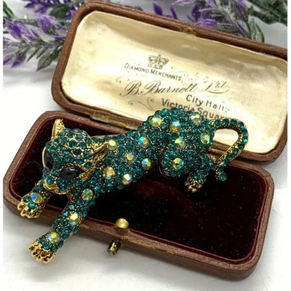 Vintage Leopard Brooch Pin – Animal Green & Golden Pins Jewelry