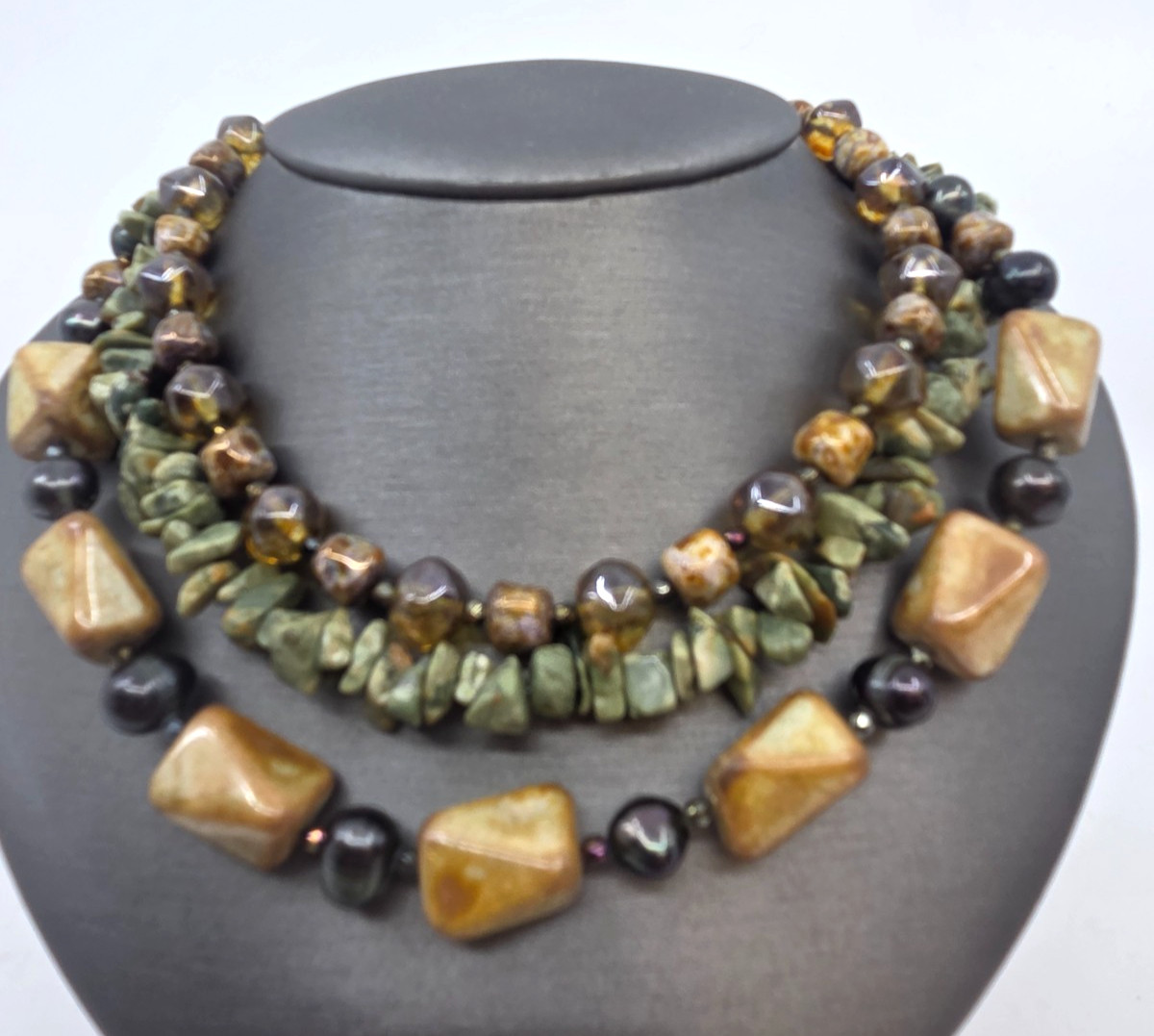 Shane Boyner Multi Strand Gemstone, Glass, Pearl Gold Tone Beaded Necklace