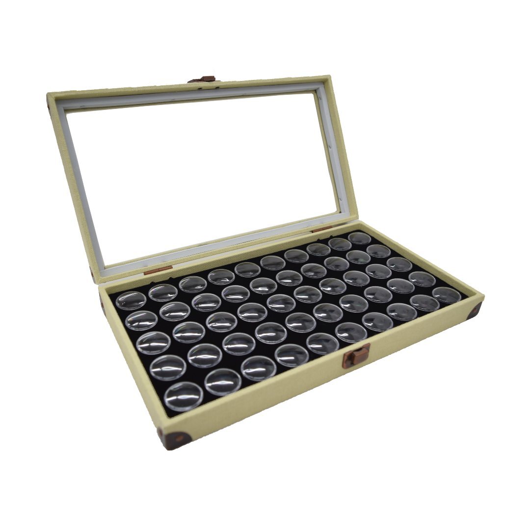 Novel Box Glass Top Linen Metal Clasp Jewelry Display Case With Gem Jar Insert