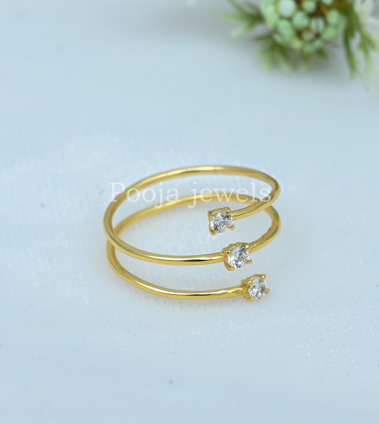 14K Yellow Gold Plated Triple Wrap Open Ring Round CZ Adjustable Minimalist Band