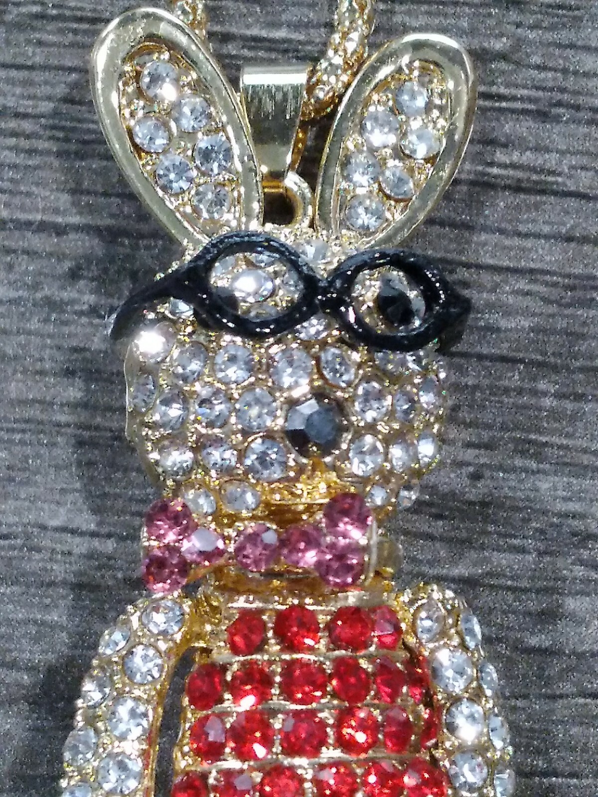 Eclectic Whimsical RED & BLUE BUNNY RABBIT GLASSES Rhinestone Pendant Necklace