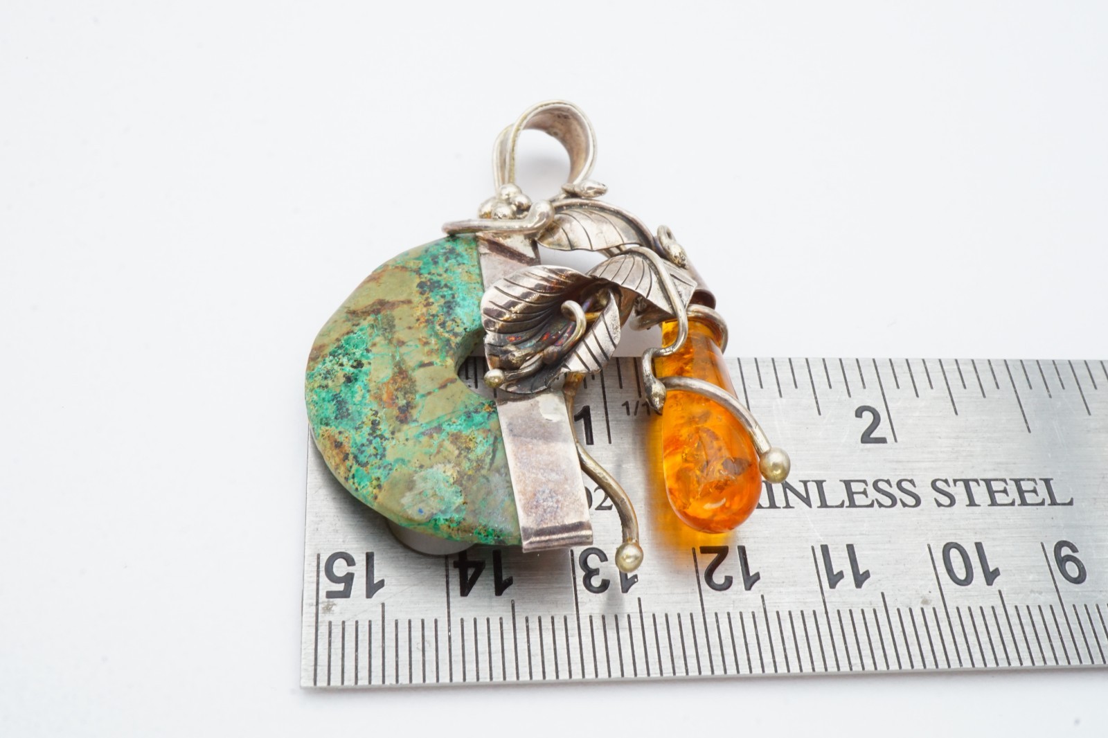 Vintage Sterling Silver 925 Amber Turquoise Pendant