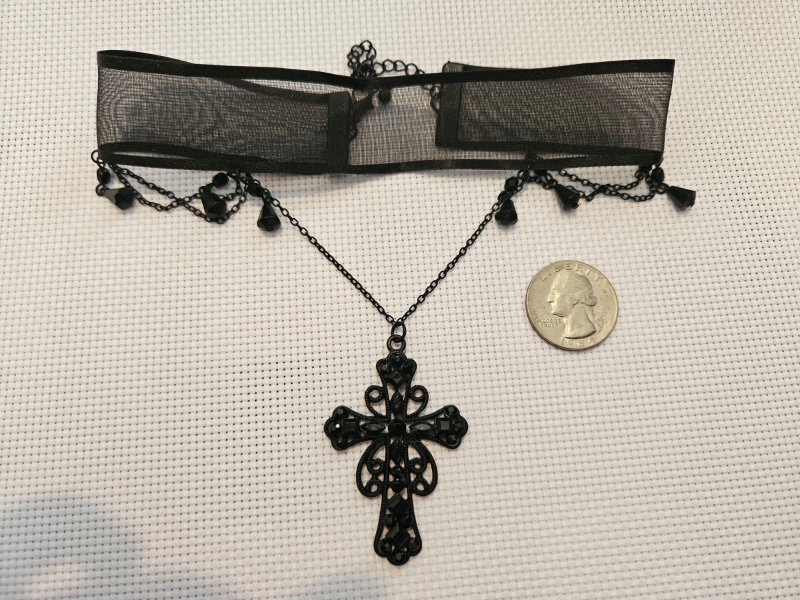 Black Gothic Cross Mesh Choker Black Rhinestone Victorian Necklace Adjustable