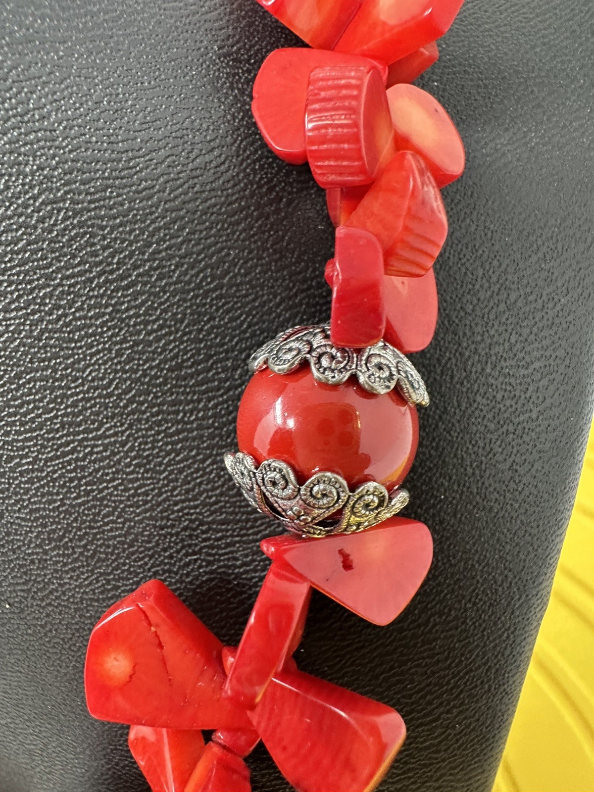 Sterling Silver Cross On A Red Coral Bead Necklace 114 Grams 17 Inch