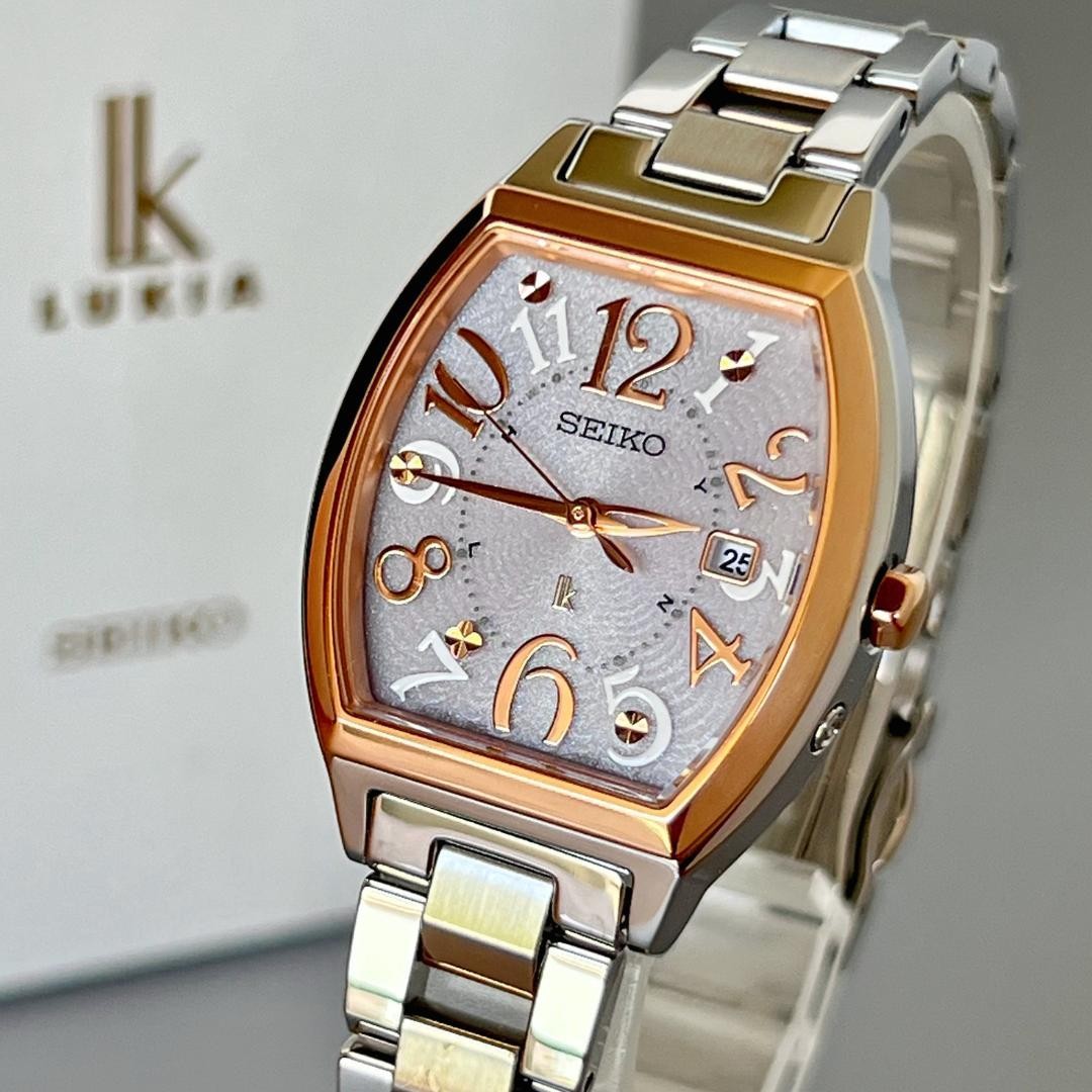 SEIKO LUKIA SSVW214 1B32 Radio Solar Tonneau Watch Pink Goldtone 27.7×36.3mm