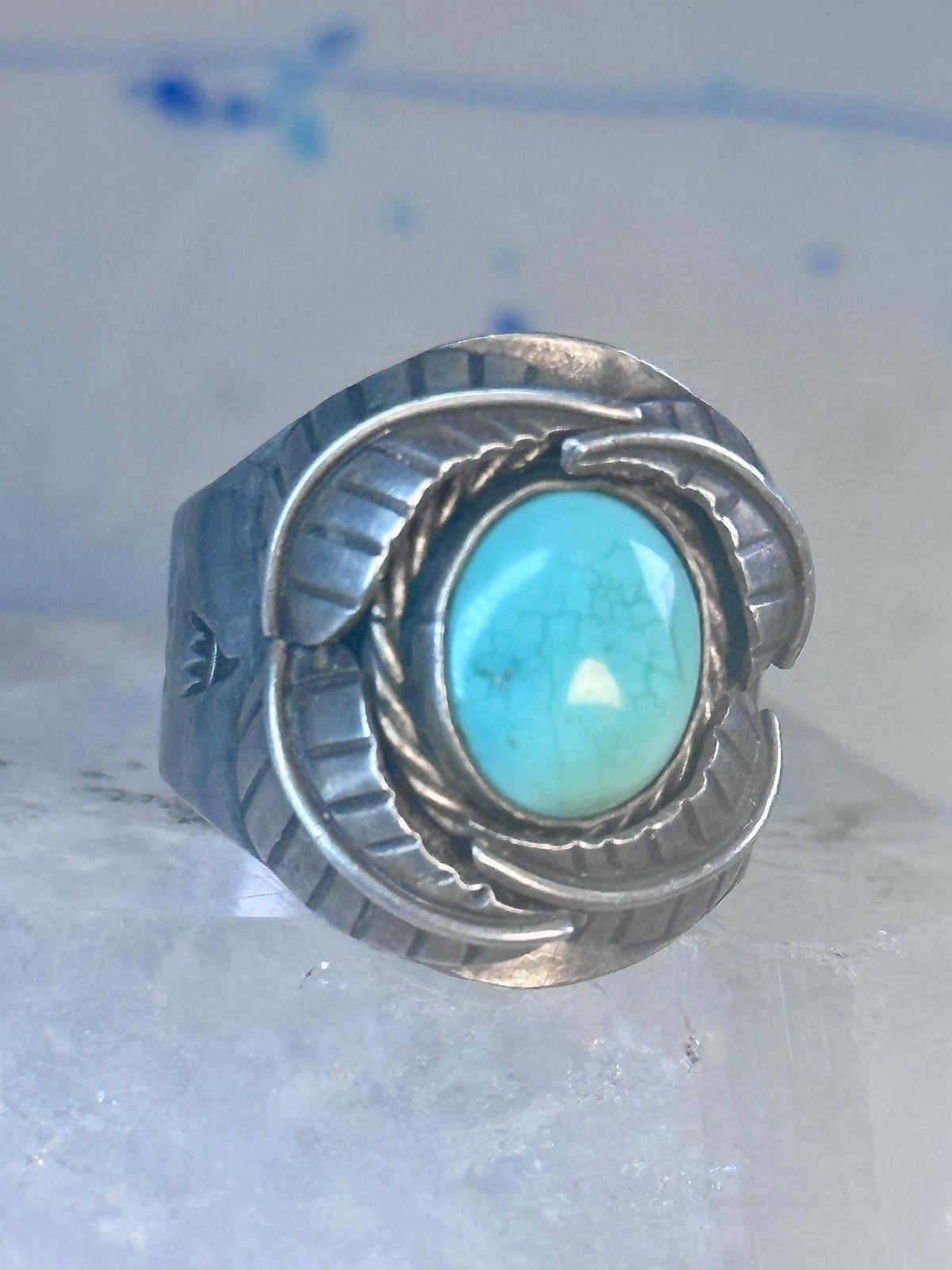Navajo Ring Turquoise wide band leaves size 10.7 southwest sterling silver women