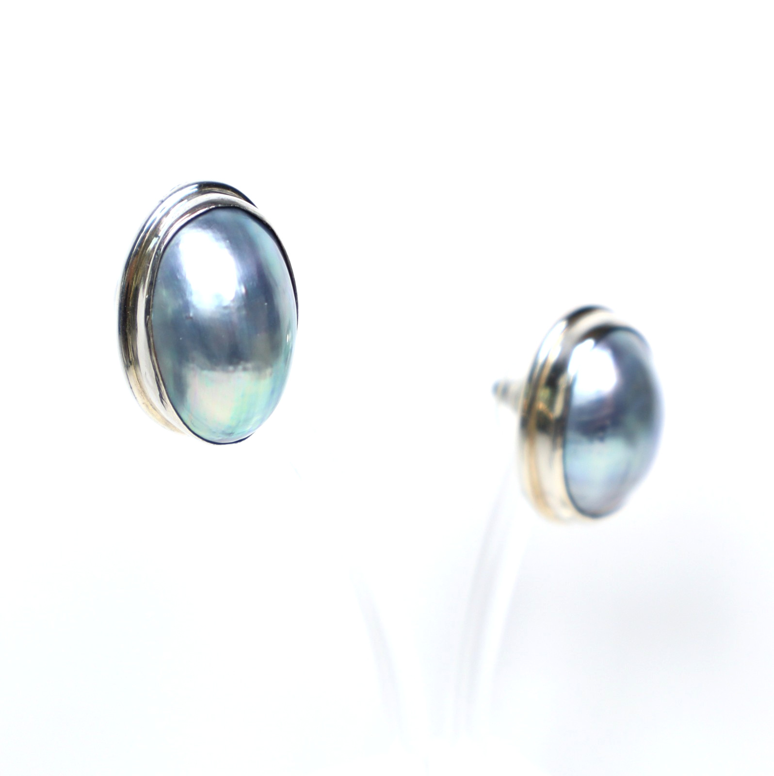 Vintage Blue Mabe Pearl 925 Sterling Silver Stud Post Earrings Large Oval Shape