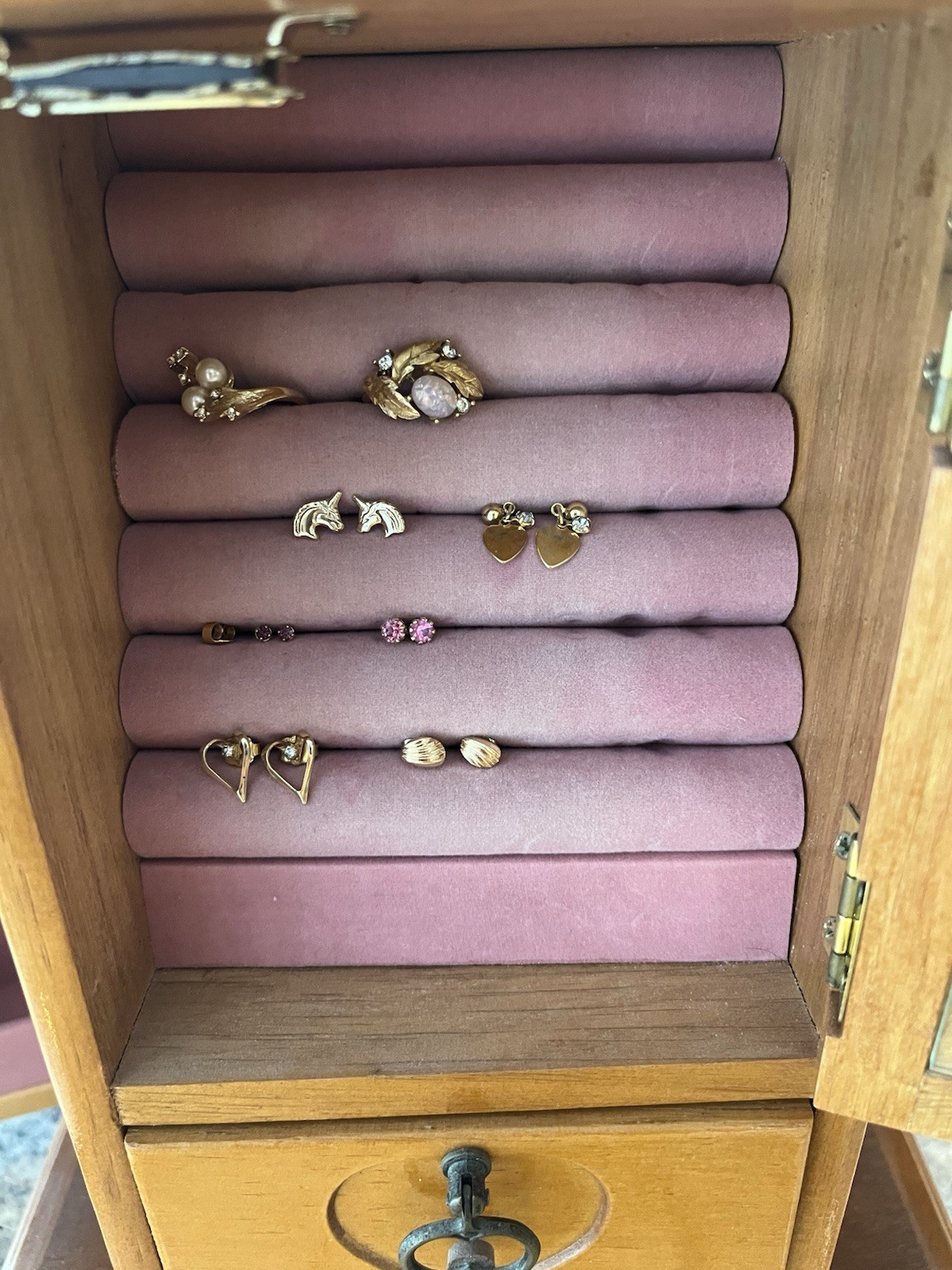 Vintage Wooden Table Top Armoire Style Jewelry Box & Gold Tone Jewelry Lot