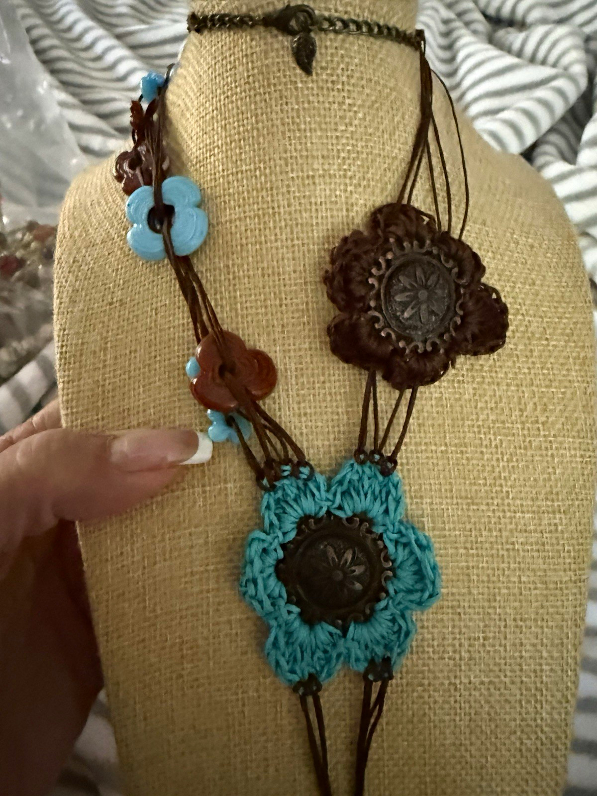 Brown & Blue Bohemian Cord Necklace Flower Charm Pendant lobster clasp Closure