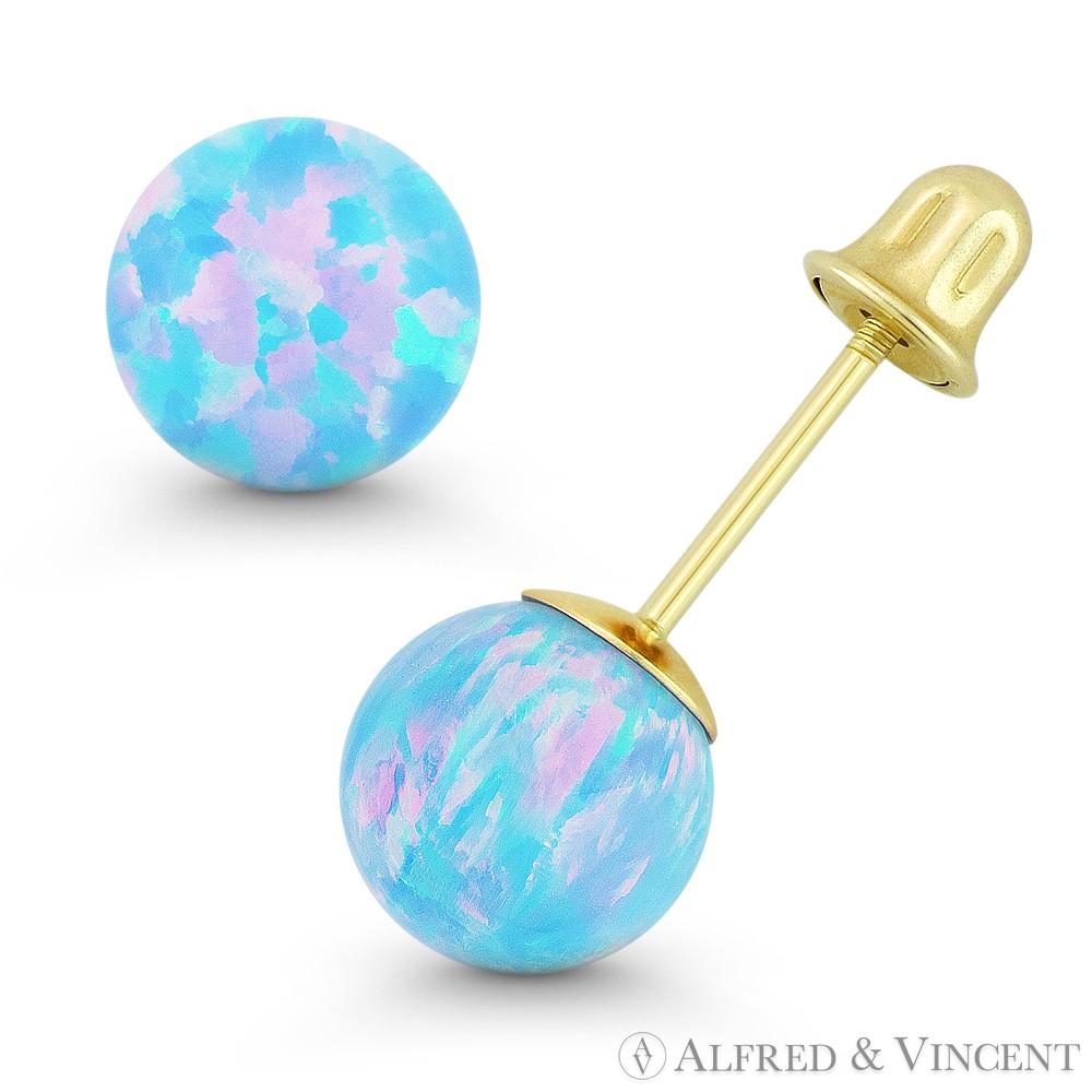 Fiery Azure Blue Synthetic Opal Ball Screwback Stud Earrings in 14k Yellow Gold