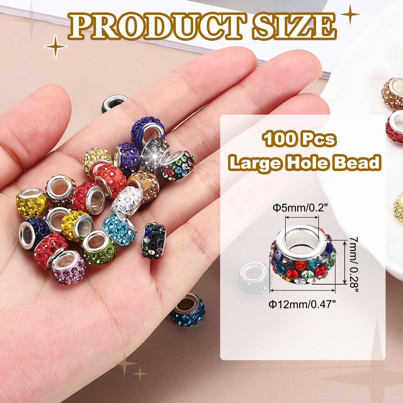 100 Pcs Large Hole Bead 12mm Rhinestone European Beads Black Mixed Colors