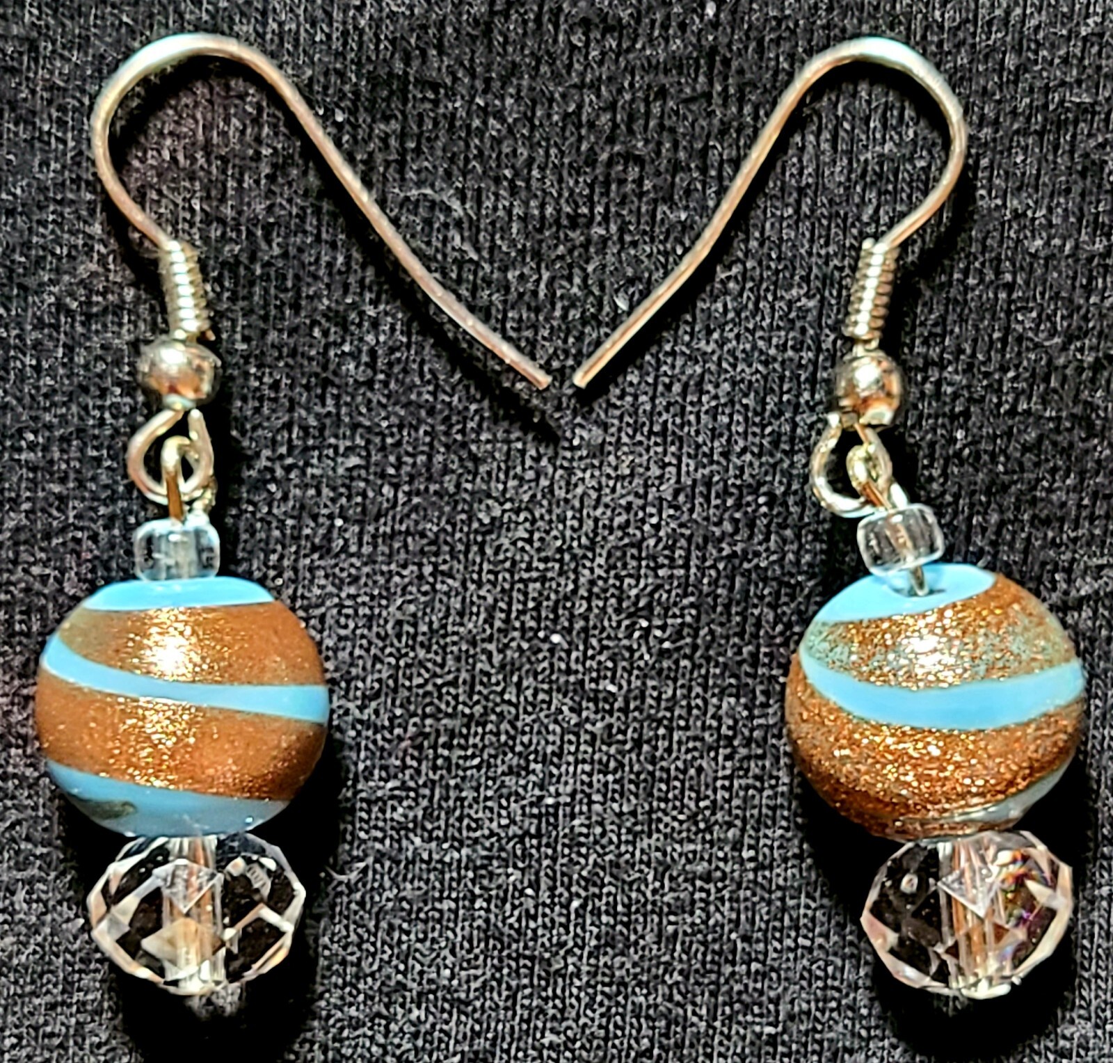 VINTAGE STUNNING SILVER TONE AQUA BLUE COLOR ART GLASS DANGLE PIERCED EARRINGS