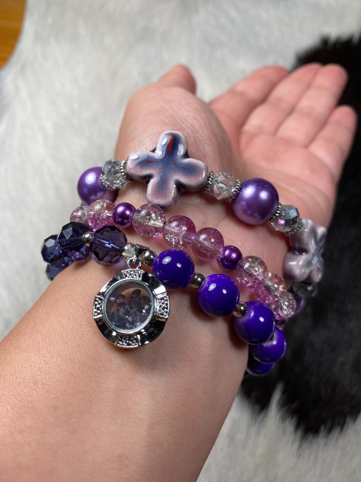 Stackable Beaded Bracelets PURPLE crystal charms Beaded Stretch Bracelet 3 pcs