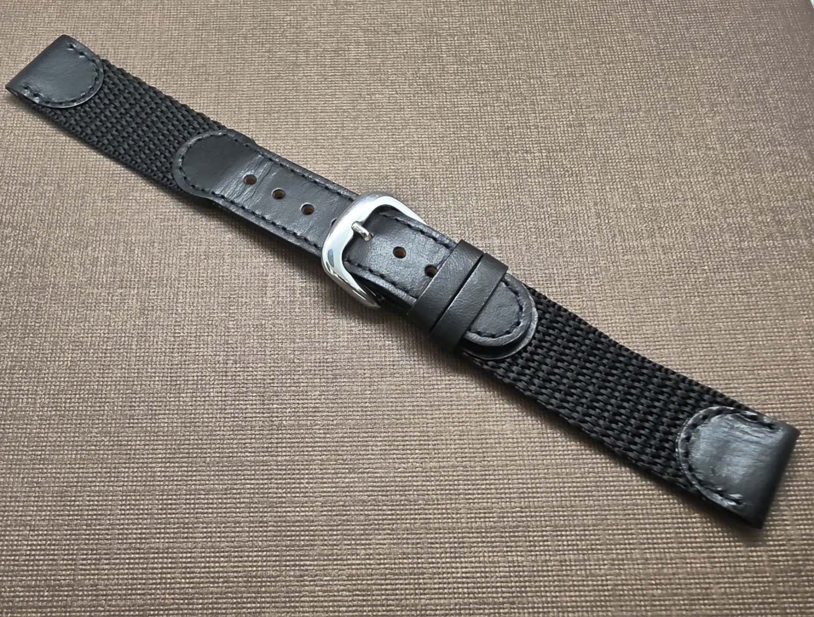 Vintage NOS Swiss Army Style 18mm Black Stitched Leather & Nylon Watch Band