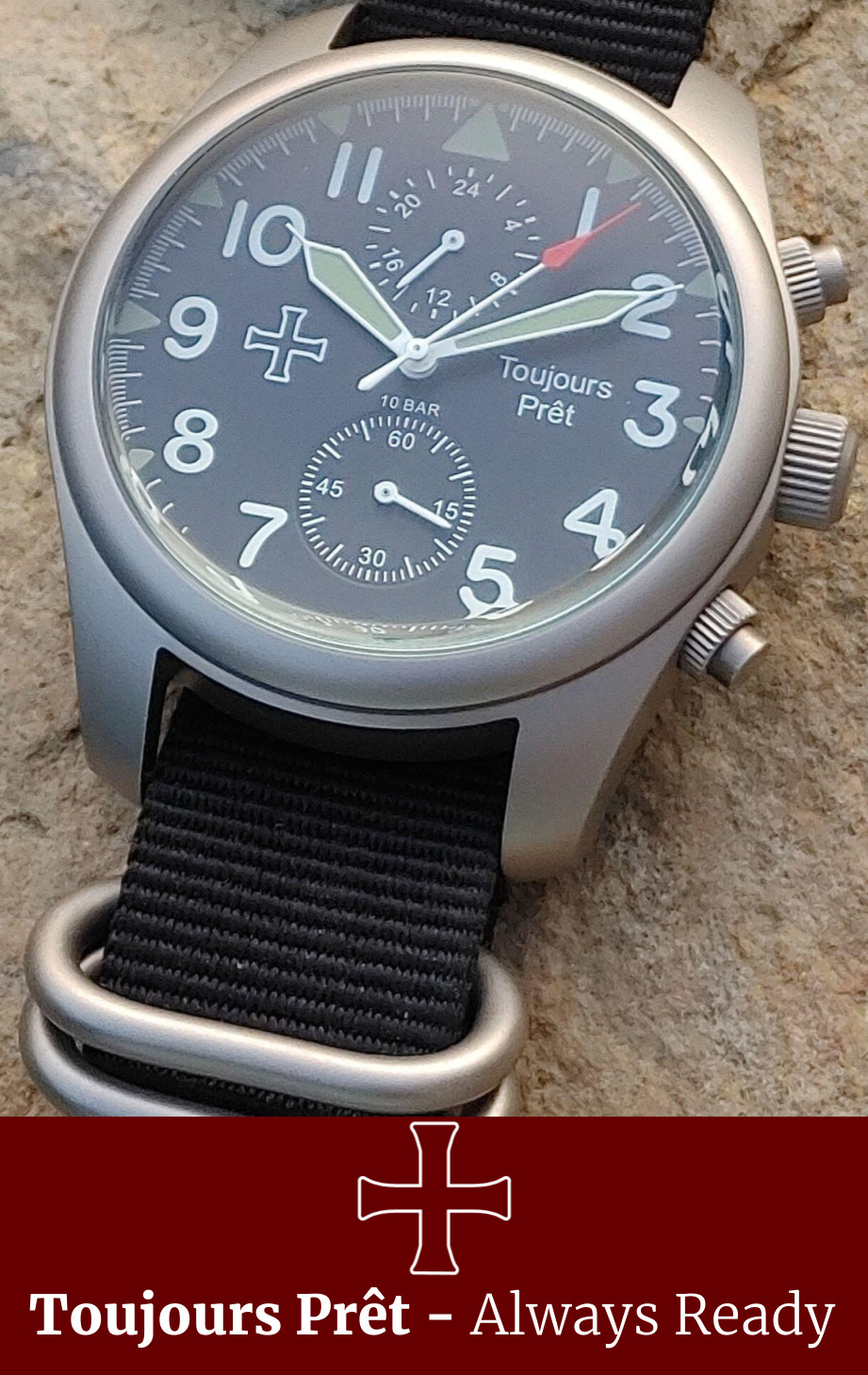 Toujours Pret GMT military field watch. Blasted stainless steel – domed crystal