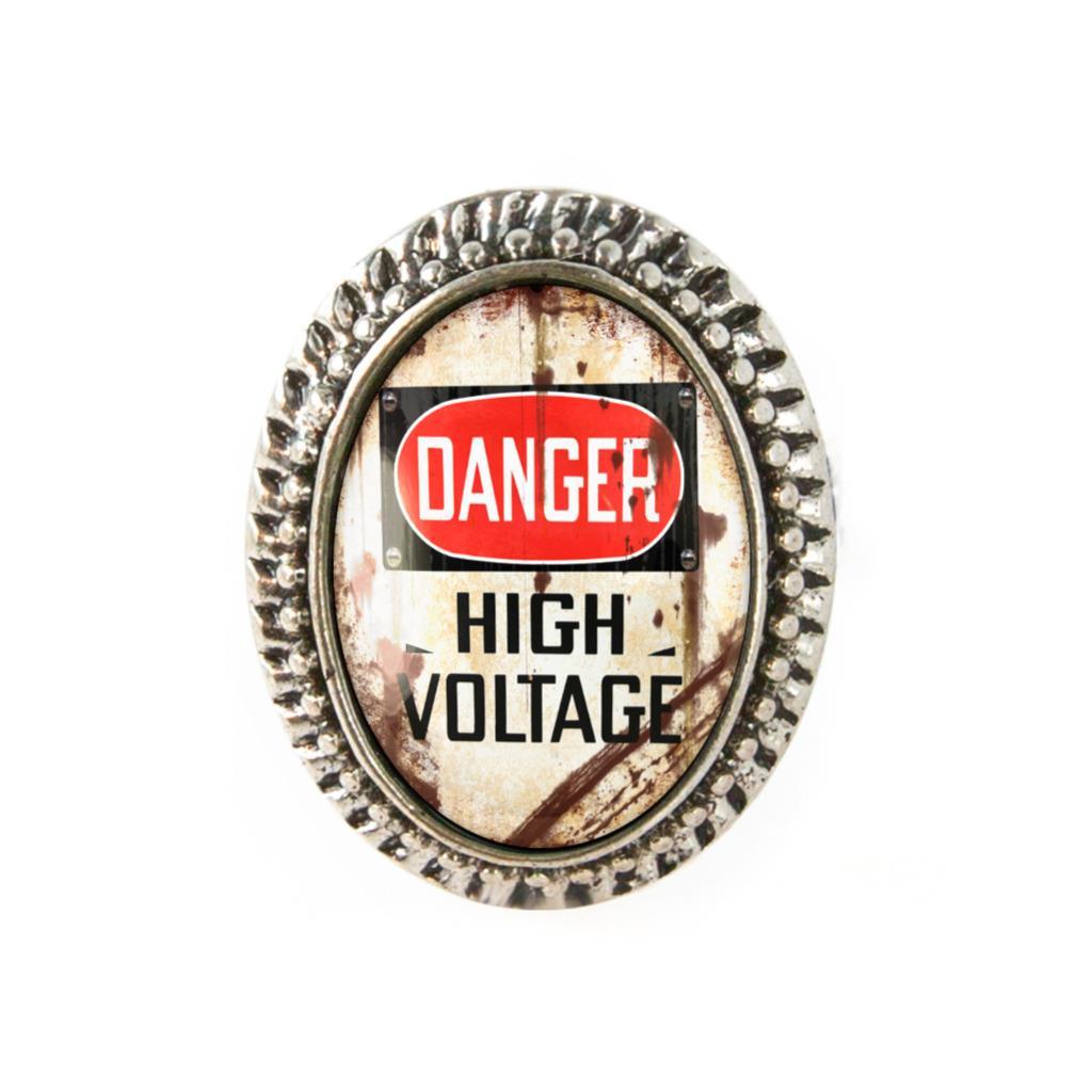 DANGER High Voltage Industrial Metal Warning Sign Antique Silver Glass Ring