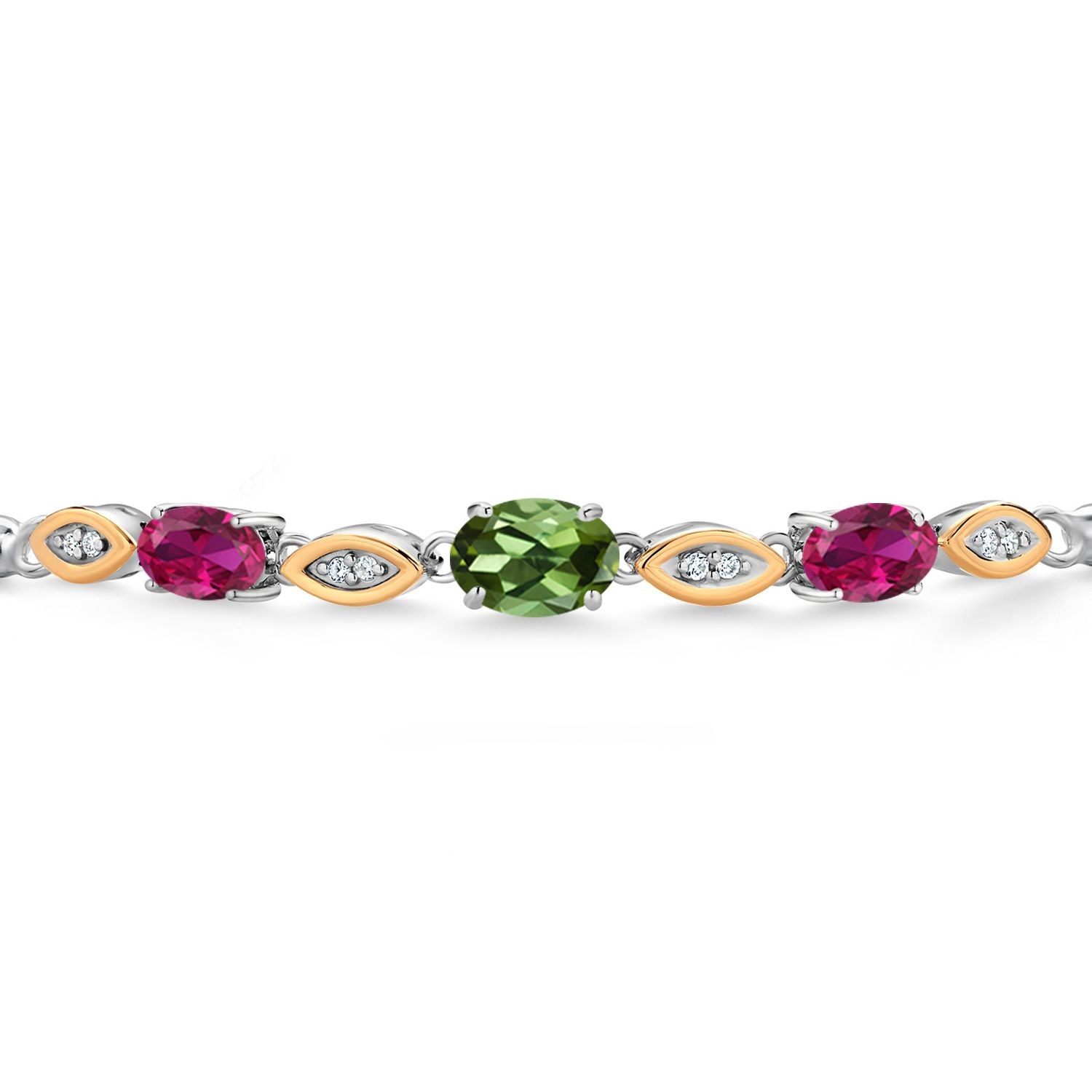 925 Silver and 10K Yellow Gold Green Tourmaline and Created Ruby and Lab Grown