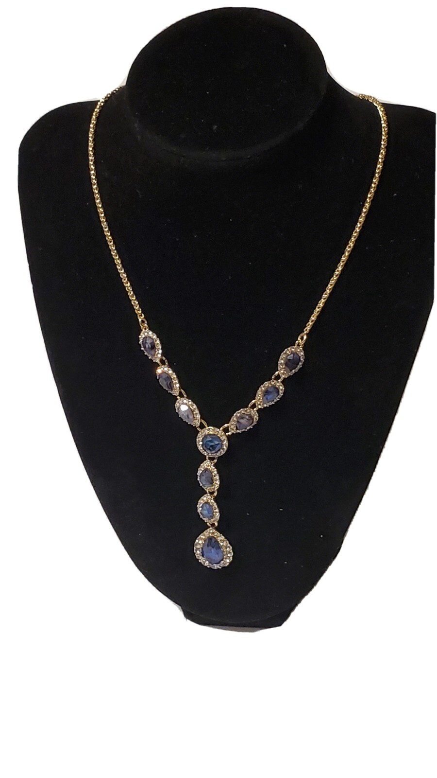Crystal & Stone Lariat Gold-Tone Necklace, 17″ + 2″ extender, Blue