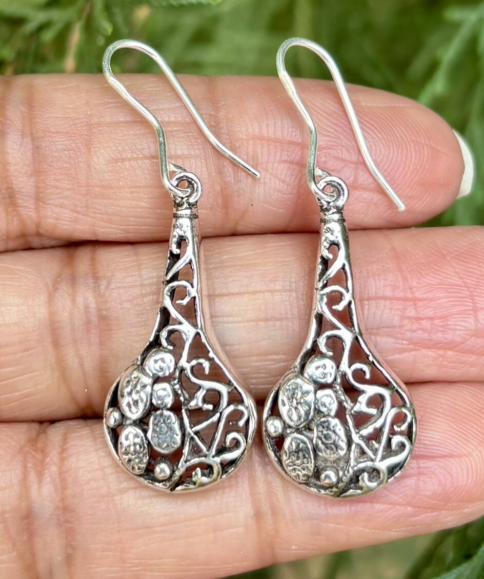 925 Sterling Silver Handmade Oxidized Cutwork Earrings, 5.71 gm
