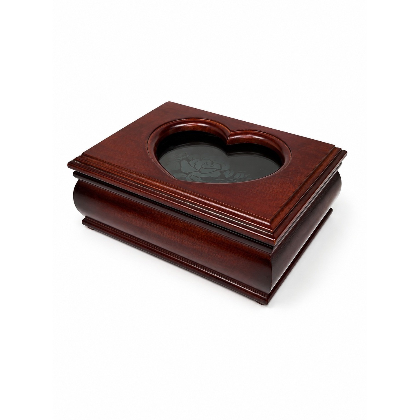 Vintage Style Cherry Wood Jewelry Box Heart Etched Rose Glass Lid Green Velvet