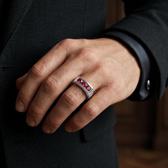 1Ct Mens 3 Stone Band Ring Ruby Lab Grown Gemstone 10k or 14k Gold or 925 Silver