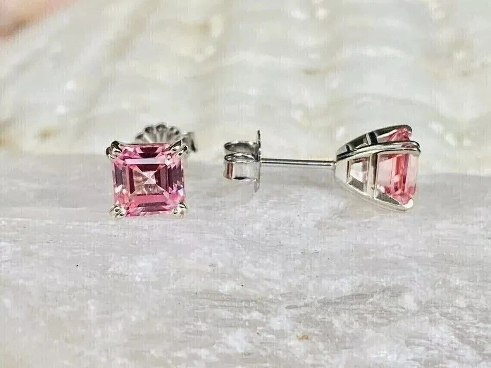 1.50Ct Asscher Cut Lab Created Pink Diamond 14K White Gold Plated Stud Earrings