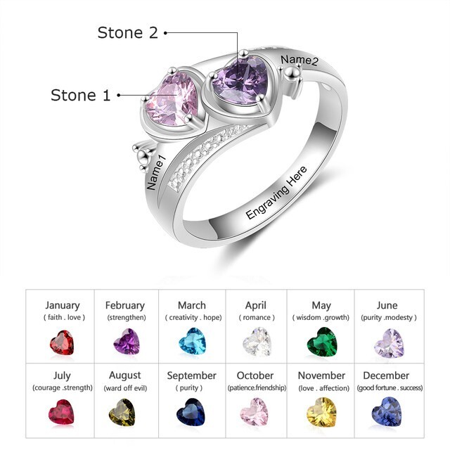 Customized Two Name Birthstone Ring Engraved Jewelry Partner Gift Romance Heart