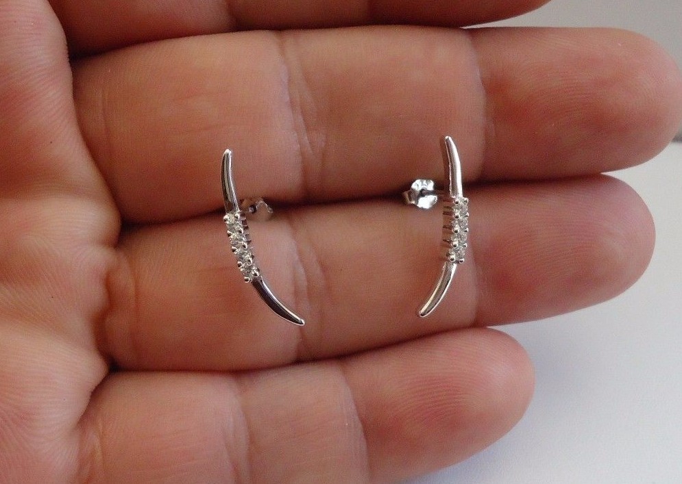 925 STERLING SILVER MODERN STUD EARRINGS W/ .25 CT ACCENTS / 21MM BY 3MM