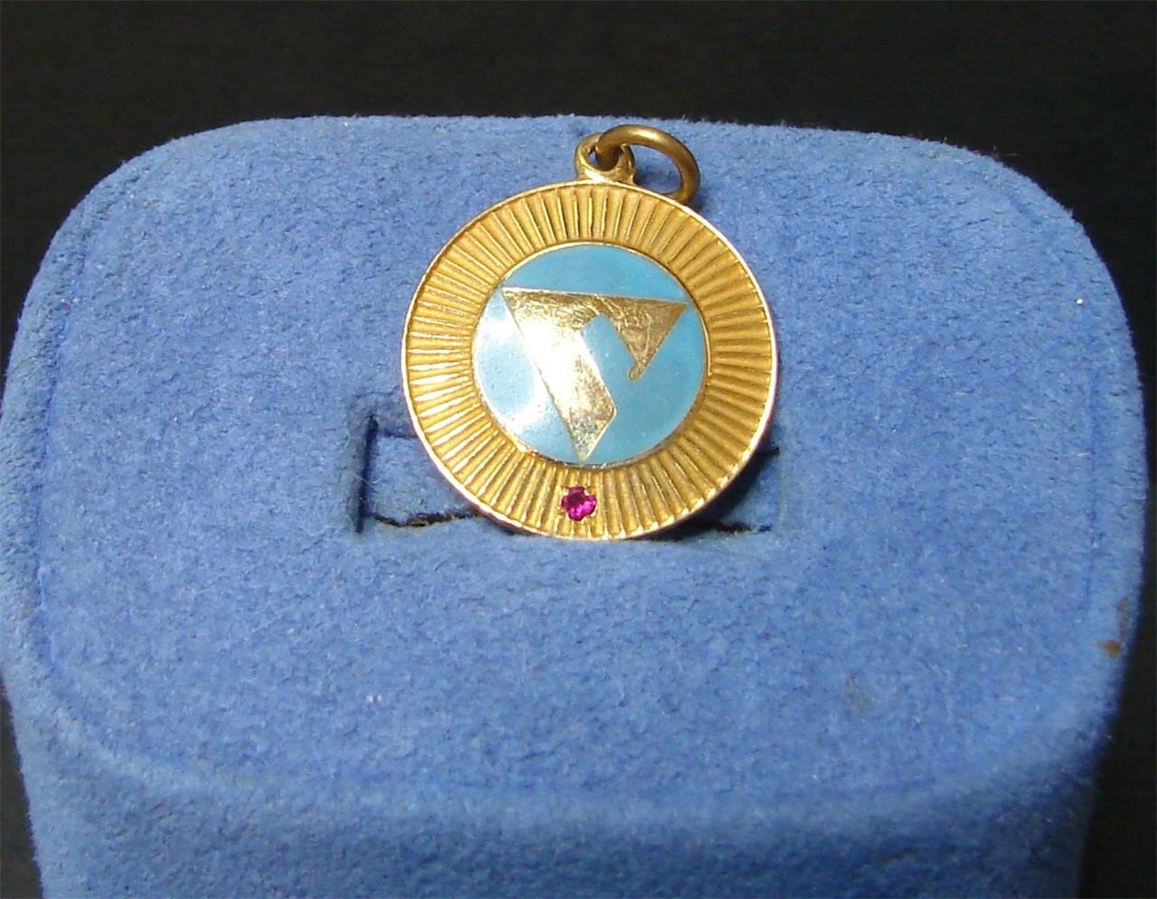 Vintage Round 1/5 10K & Sapphine Blue Enamel Company Pendant Charm