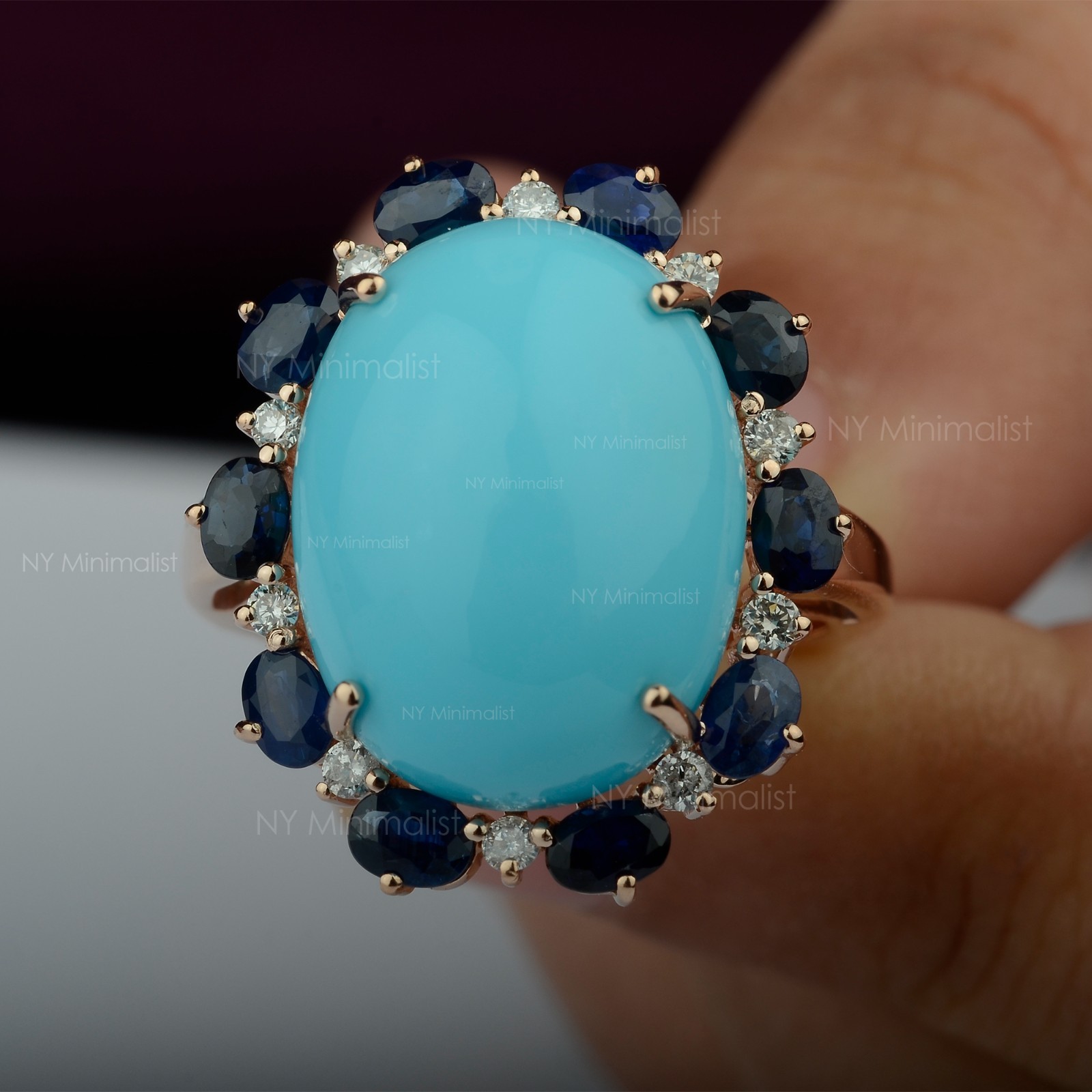 14K Solid Gold Genuine Oval Turquoise Blue Sapphire and Diamond Engagement Ring