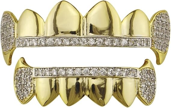 14K GP HipHop Teeth Dental Caps Grillz Top&Bottom Grills Set W/ Wax Real CZ