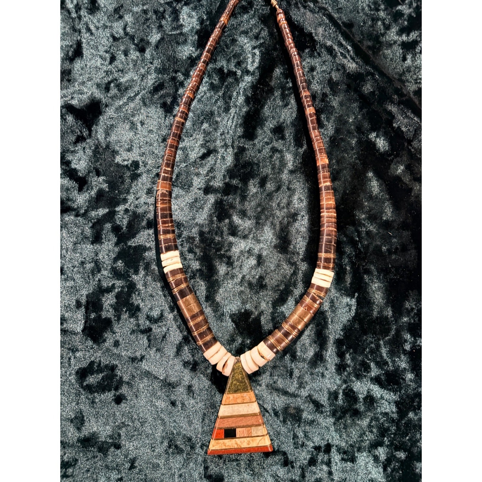 Boho Inlaid Stone Triangle Pendant Necklace Natural Wood Bone Beads