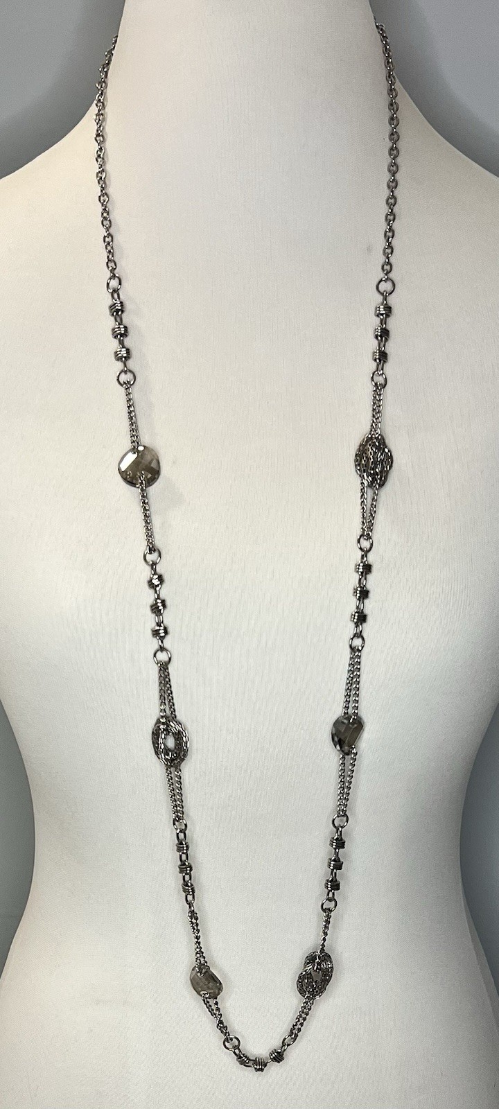 Lia Sophia “CHRISTINA” Silver Tone Necklace Smoky Silver Crystals 43.5-46.5”