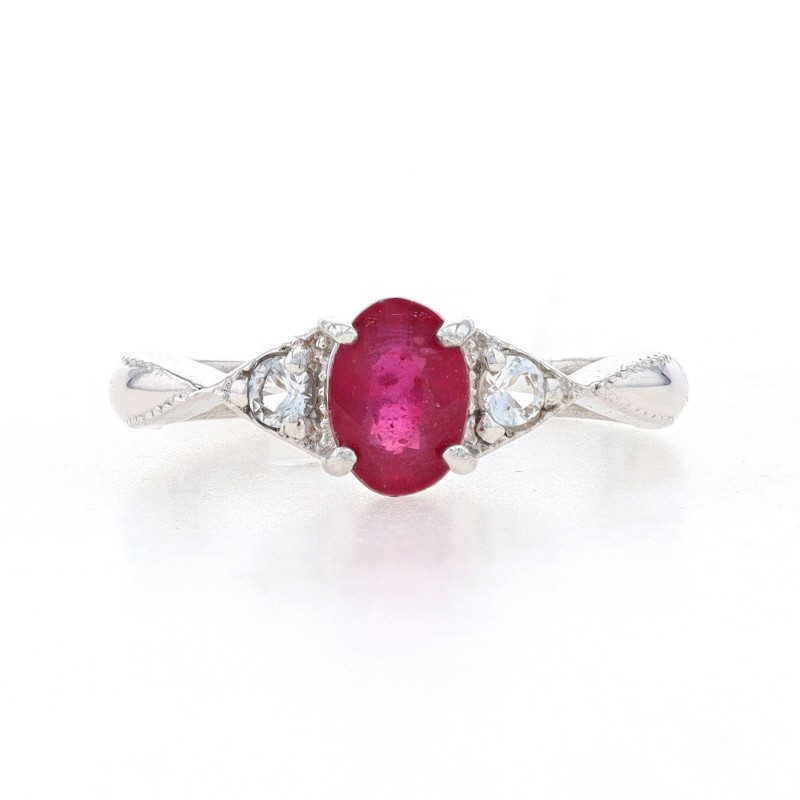 Silver Lead Glass Filled Ruby & White Topaz Ring – 925 Oval Cut 1.20ctw