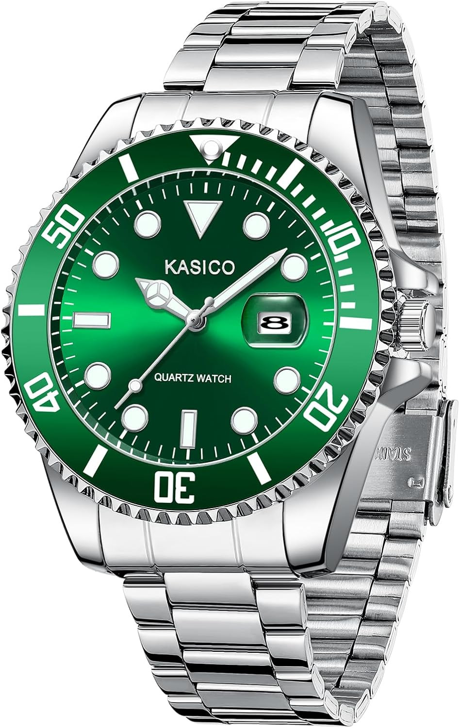 KASICO Mens Analog Quartz Watch 42mm Silver Green Date Luminous 30m Military