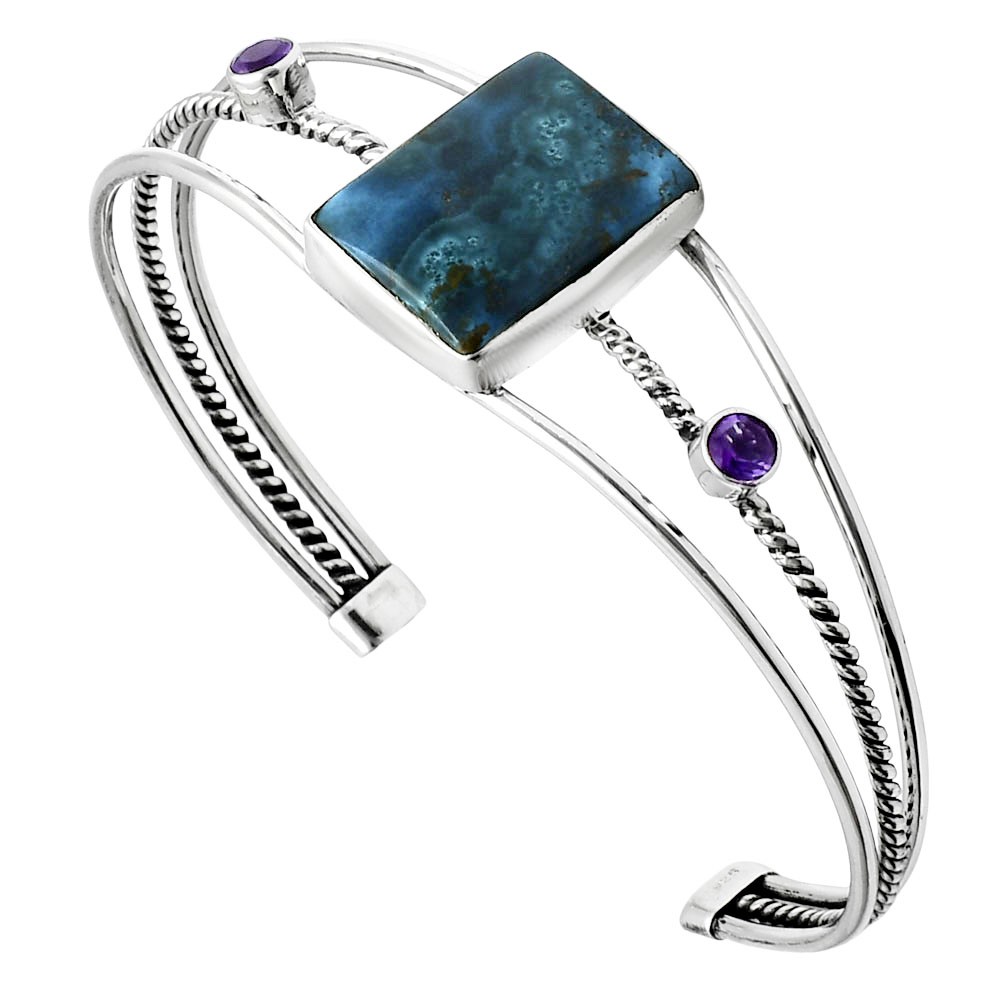 Premium Shattuckite & Amethyst 925 Silver Cuff Bangle Bracelet Jewelry B-1011